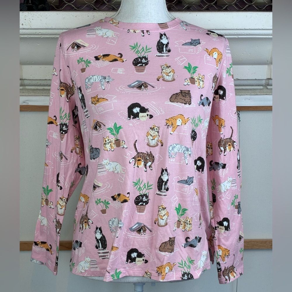 Sleep Sense Pink Cat Print Long Sleeve PJ top NWOT oversized